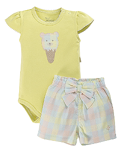 Conjunto Fem Body Verde e  Short Quadriculado C/ Laço P - Anjos Baby