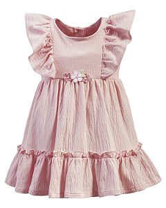 Vestido com Babado e Flores Bordadas Rosa  - Anjos Baby