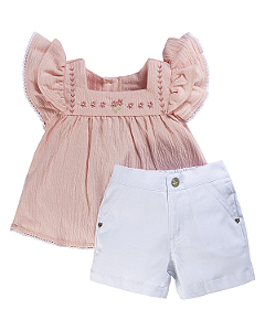Conjunto Fem Bata Rosa C/ Babado e Short Branco M - Anjos Baby