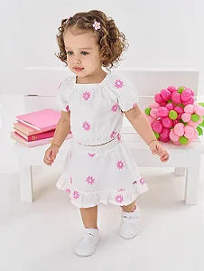 Conjunto Fem Blusa E Saia-Short C/ Bordado de Flor Branco - Cinti