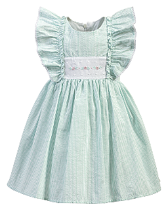 Vestido Maquinetado Verde Quadriculado e Bordado Flores 01-Anjos Baby