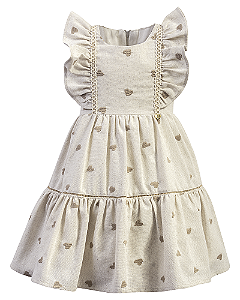 Vestido Linho Cru Bordado Coração c/ Babados - Anjos Baby