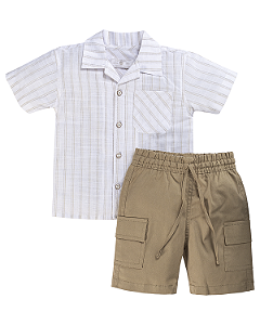 Conjunto Masc Camisa Social c/ Listras e Bermuda Caqui 01- Anjos Baby