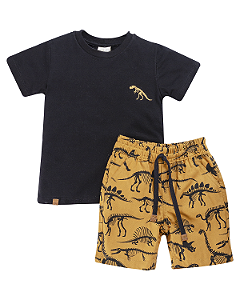 Conjunto Masc Camiseta Preta e Bermuda Sarja Estampa Dinossauros- Anjos Baby