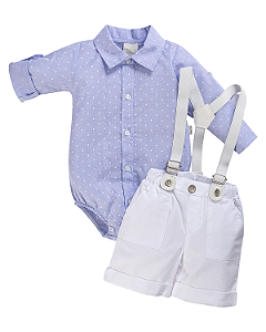 Conjunto Masc Body ML e Bermuda Branca c/ Suspensório P - Anjos Baby