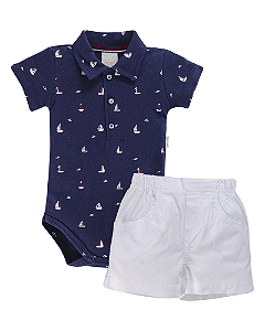 Conjunto Masc Body Barcos e Short Branco P - Anjos Baby