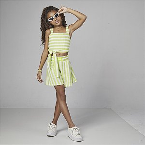 Conjunto Fem Infantil Blusa Cropped e Short Listrado Verde - Mylu