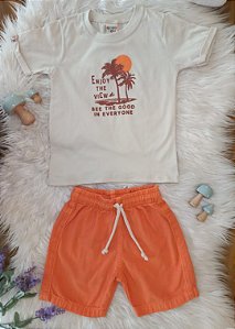 Conjunto Masc Camiseta Bege e Bermuda Laranja - Have Fun