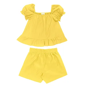Conjunto Fem Blusa Manga Bufante e Short Amarelo - Bibe