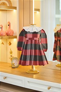 Vestido de Sarja Xadrez Vermelho e Golinha de Tricoline - Serena Baby