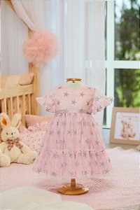 Vestido de Tule Super Star Rosa Estrelas - Serena Baby