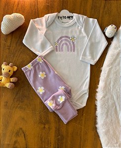 Conjunto Body ML Fem e Mijão Margaridas Lilás - Doctor Baby