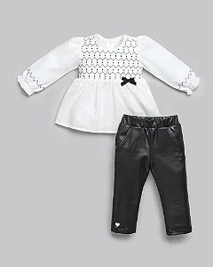 Conjunto Fem Bata ML c/ Bordado e Calça Cirre Preto - Anjos Baby