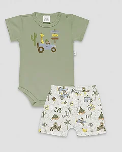 Conjunto Masc Body Verde Musgo e Short Estampado - Anjos Baby