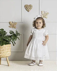 Vestido Branco Maquinetado Batizado - Anjos Baby