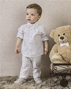 Conjunto Masc Camisa ML e Calça Oxford Sarja Branco Batizado - Anjos Baby