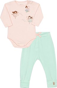 Conjunto Fem Babê Body ML Fadas e Calça Verde Claro- Nini e Bambini
