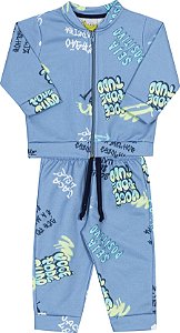 Conjunto Masc Casaco Moletom c/ Ziper e Calça Azul Estampado - Jaca Lelé