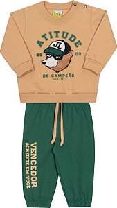 Conjunto Masc Casaco Moletom Bege e Calça Verde Escuro- Jaca Lelé