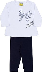 Conjunto Fem Blusa ML Branca e Legging Azul Escuro - Jaca Lelé