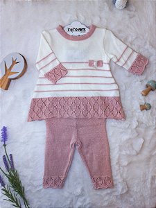 Conjunto Fem Vestidinho Tricot C/ Lacinho e Calça Rosa Bebê RN - Noruega