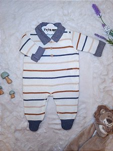 Macacão Masc Tricot Off White c/ Listras e Gola Azul Jeans RN - Noruega