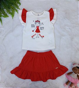 Conjunto Blusa Branca e Short Saia Vermelho - Nini e Bambini