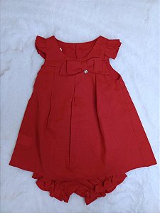 Conjunto Bata Vermelho c/ Laço e Calcinha em Linen - Bibe