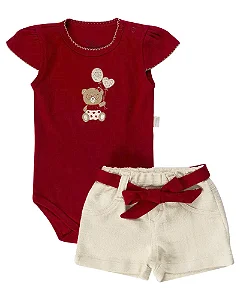 Conjunto Fem Body MC Vermelho e Short Sarja Branco - Anjos Baby