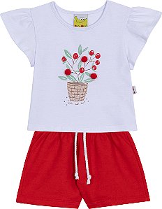 Conjunto Fem Blusa Branca Pompom e Short Vermelho - Jaca Lelé