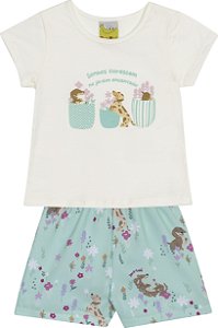 Conjunto Fem Blusa Branca Cachorros e Short Verde Água - Jaca Lelé