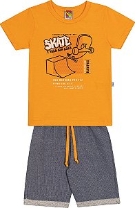 Conjunto Masc Camiseta Laranja Skate e Bermuda Azul - Jaca Lelé