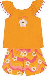 Conjunto Fem Blusa Laranja Sorria e Short - Jaca Lelé