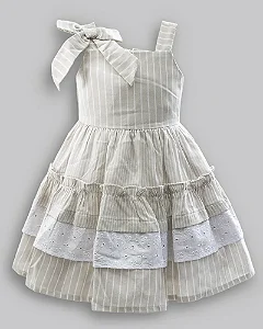 Vestido Tricoline Bege Listrado c/ Renda Branca - Anjos Baby