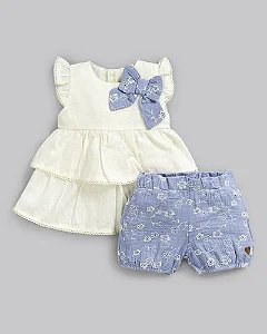 Conjunto Fem Bata Areia c/ Laço e Short em Lese Azul - Anjos Baby