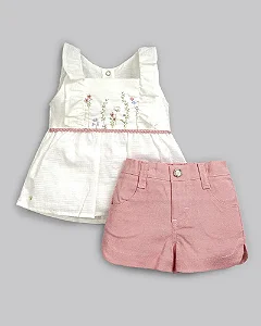 Conjunto Fem Bata Off White Bordada e Short Rosa M - Anjos Baby