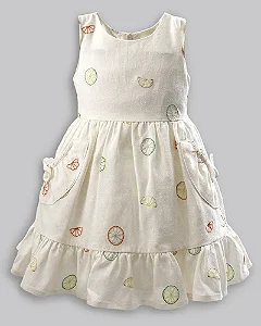 Vestido Maquinetado Linho Bordado Frutas 01 - Anjos Baby