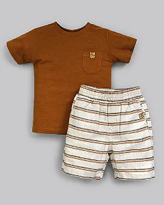 Conjunto Masc Camiseta Marrom e Bermuda Listras 01 - Anjos Baby