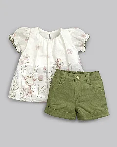 Conjunto Fem Bata c/ Flores e Short Viscolinho Verde G - Anjos Baby
