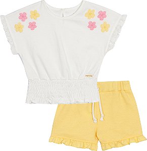 Conjunto Fem Blusa Branca Flores e Short  Amarelo - Nini e Bambini