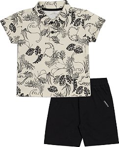 Conjunto Masc Camisa C/ Gola e Estampa Dinossauro e Bermuda Preta - Nini e Bambini
