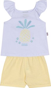Conjunto Fem Blusa Branca Abacaxi e Short Amarelo - Jaca Lelé
