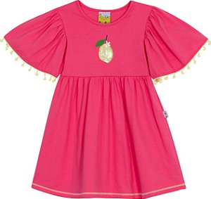 Vestido Limão Rosa C/ Mangas Pompom - Jaca Lelé