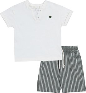 Conjunto Masc Camiseta Branca e Bermuda Verde C/ Listras - Nini e Bambini