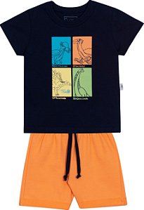 Conjunto Masc Camiseta Azul Dinos e Bermuda Laranja - Jaca Lelé
