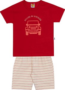 Conjunto Masc Camiseta Vermelha Acelera e Bermuda Areia Listras - Jaca Lelé