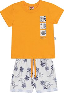 Conjunto Masc Camiseta Laranja Aventura e Bermuda Bege - Jaca Lelé