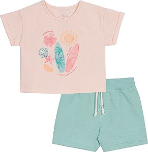 Conjunto Fem Blusa Rosa Energia e Short Moletinho Azul 01 - Nini e Bambini