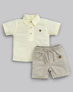 Conjunto Masc Camisa Amarelo Manteiga e Bermuda Bege - Anjos Baby