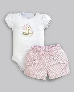 Conjunto Fem Body e Short Anarruga Rosa Listrado M - Anjos Baby